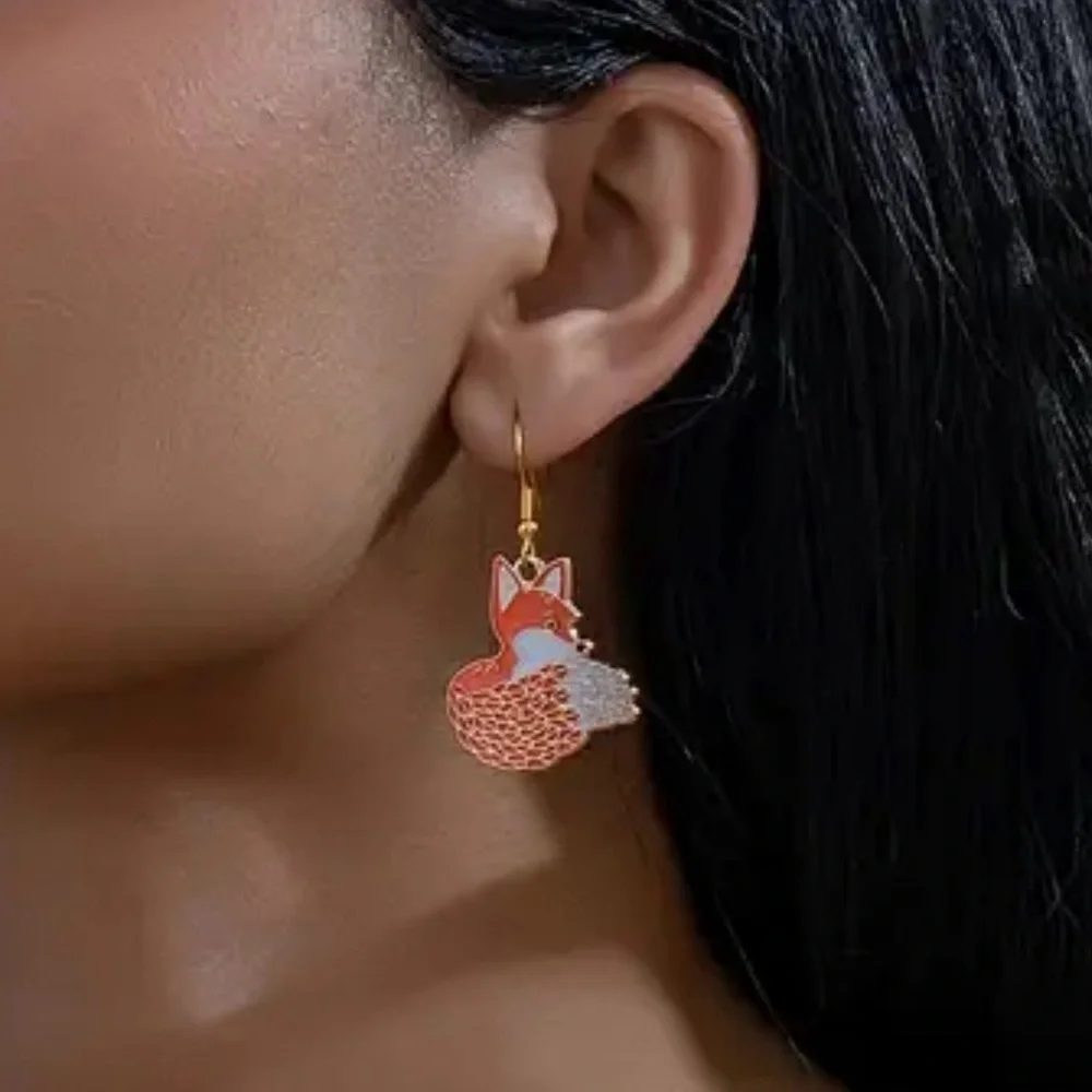 🦊 Shy Fox orange and gold enamel drop earrings very cute New gift